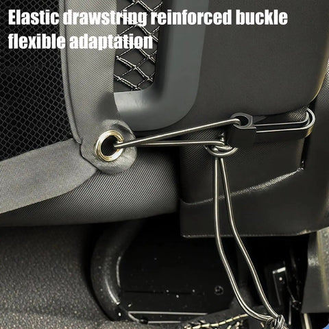 Detail of elastic drawstring and reinforced buckle for Premium High Density Mesh Dog Car Barrier For Tesla Cybertruck.
