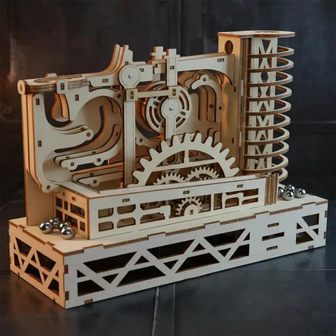 Dope 3D Wooden Marble Run Kit For Adults Motorized Spiral Model Puzzle With Natural Wood Finish DIY Craft Building Set Brain Boosting Mechanical Puzzle Great Gift For Men Women And Science Nerds Requires 2 AA Batteries, wooden spiral track with gears and marbles