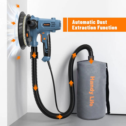 Heavy-Duty Electric Drywall Sander 800W Foldable Wall Sander with Dust-Free Automatic Vacuum System in use on wall