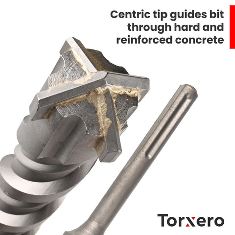 Torxero SDS MAX masonry drill bit, 14-inch length, 1/2 in to 1-1/2 in diameter, close-up view