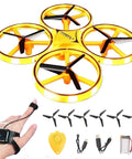 Yellow kids hand controlled drone with gesture sensing and smart watch control, LED light show, propellers, and accessories.
