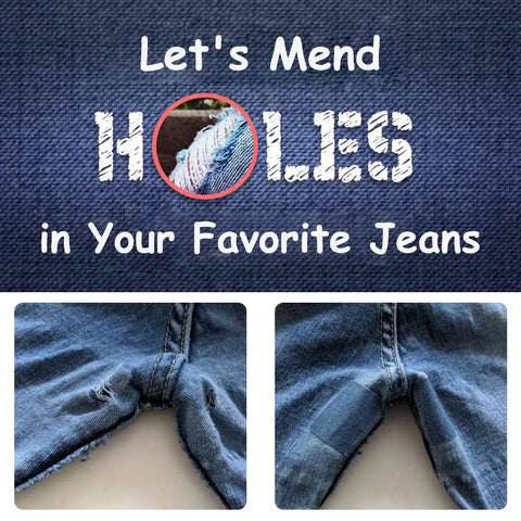 Image showing 20 Pack Iron On Patches For Clothes Quick Jeans Repair No Sew Needed Fix Holes And Tears In High Wear Areas Like Inner Thighs Easy Iron On Patches For Denim Jackets Jeans And More with before and after repair.