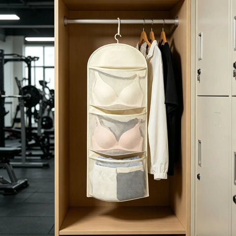 Game Changer Closet Suspending Organizer With Sturdy Metal Hanger And Three Tier Mesh Pockets For Dorm Rooms and Small Spaces, showcasing bras and clothing.