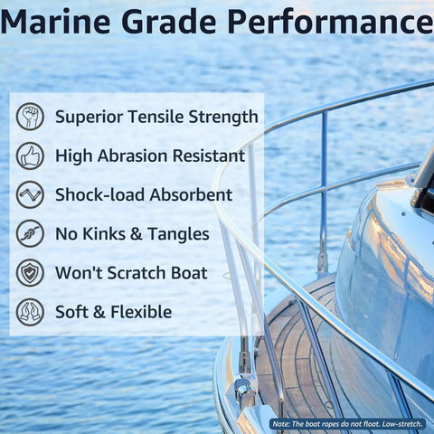Marine grade performance features with boat, showcasing Two Pack Double Braided Three Eighth Inch Dock Lines Nylon Boat Ropes.