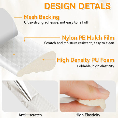 White wedge-shaped foam door/window seal strip with self-adhesive backing and mesh-backed PU foam core.
