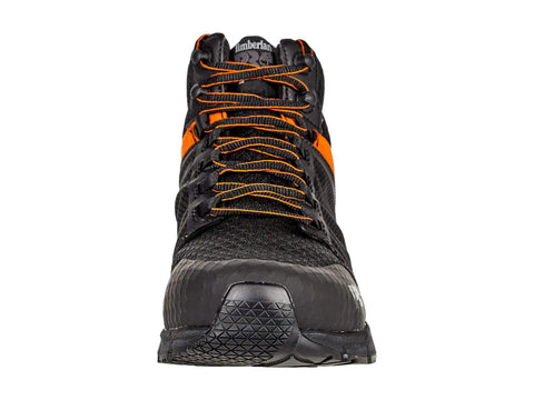 Front view of Radius Mid Composite Safety Toe Industrial Athletic Work Shoe For Men with black mesh and orange accents, Size 15W.