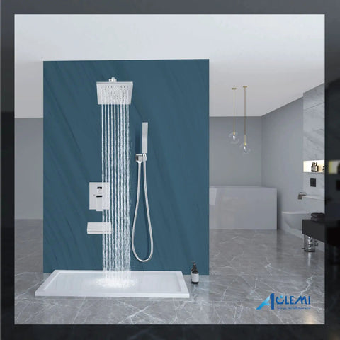 Rainfall Shower System With 8 Inch Polished Chrome Shower Head, Tub Filler, Handheld Sprayer, Wall Mount