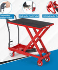 Side view of red hydraulic lift table cart with black non-slip top, 500 lb capacity, 28.5 in lift, on wheels.