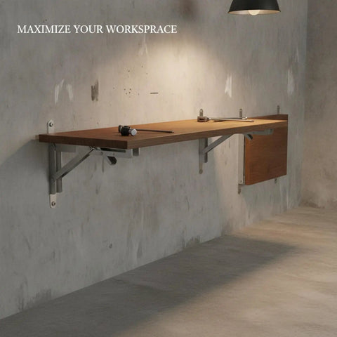 Folding Shelf Bracket Stainless Steel Wall Mount For Drop Leaf Tables And Workbenches in a minimalist garage setting