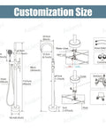 Diagram of Floor Mount Bath Tub Faucet Freestanding Tub Filler With High Flow Shower And 360 Degree Swivel Spout Handheld Shower All Metal Solid Brass Chrome Finish Rust Resistant Durable Vintage Style showing dimensions and components.