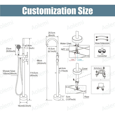 Diagram of Floor Mount Bath Tub Faucet Freestanding Tub Filler With High Flow Shower And 360 Degree Swivel Spout Handheld Shower All Metal Solid Brass Chrome Finish Rust Resistant Durable Vintage Style showing dimensions and components.