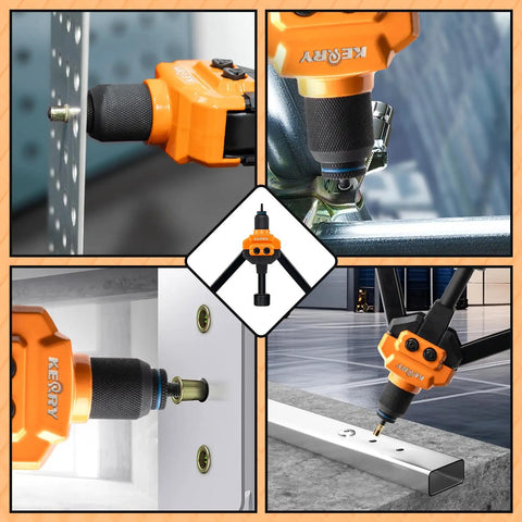 Rock Solid 16 Inch Rivet Nut Tool Kit With 110 Inserts And 11 Mandrels For Metric And Sae Bolts To Fix Your Ride Or Shop Projects With Ease Today, orange hand tool on metal panels