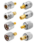Eight Pack SMA To N-Type Adapter Kit With SMA Male And Female Coax Connectors in silver and gold, 50 Ohm Precision Matching