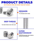 Close-up of 500Pcs Stainless Steel Set Screws Assortment Kit With Allen Head Grub Screws For Bathroom Fixtures And Towel Bar Sizes M2 5 M3 M4 Built For Tight Fits And Shock Resistant Assembly showing hex socket and deep thread.