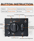 Top Shelf Headlight Switch And Dimmer Control Panel For Chevy Silverado Tahoe And Gmc Sierra Yukon Trucks showing button instructions and features.