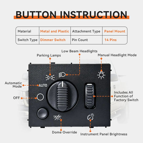 Top Shelf Headlight Switch And Dimmer Control Panel For Chevy Silverado Tahoe And Gmc Sierra Yukon Trucks showing button instructions and features.