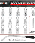 Universal 15 Piece Idler Belt Tensioner Removal Tool Kit for Tight Engine Bays showing wrenches and adapter inventory