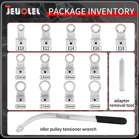 Universal 15 Piece Idler Belt Tensioner Removal Tool Kit for Tight Engine Bays showing wrenches and adapter inventory