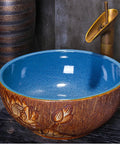 Bathroom Container Sink Pattern Pattern Ceramic Vessel Sink Round Oval Counter Ceramic Countertop Sink Art Basin-B (B) with blue interior and carved floral design.