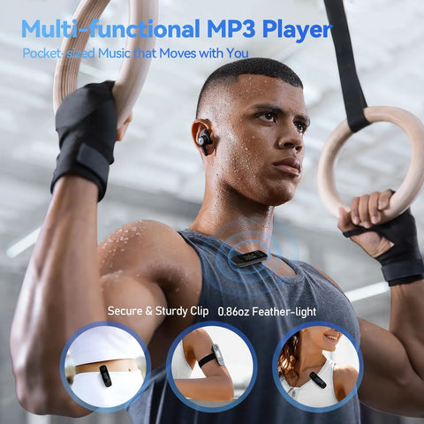 Man using 64GB Bluetooth MP3 Player With Type C USB 2 In 1 Plug And Play Grab And Go Clip On Design for workout