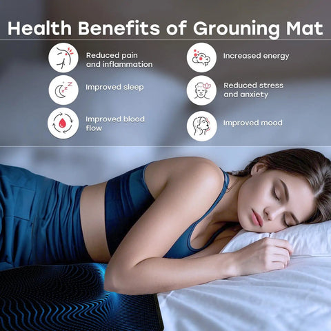 Woman sleeping on grounding mat, highlighting benefits. Easy At Home Indoor Grounding Kit With Two Mats, Test Pen, And Two 15 Foot Cords.
