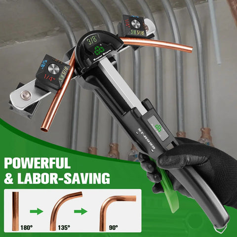 Person using Tubing Bender Kit 1/4 In To 7/8 In Ratchet Copper Pipe Bender Tool Set for HVAC with 3/8 in die and 90 degree guide.