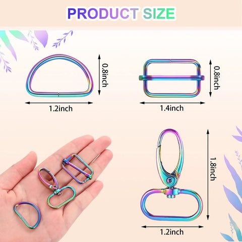 Dope Rainbow Bag Hardware Set Featuring Swivel Hooks D Rings And Tri Glide Buckles For DIY Crafts with size details.