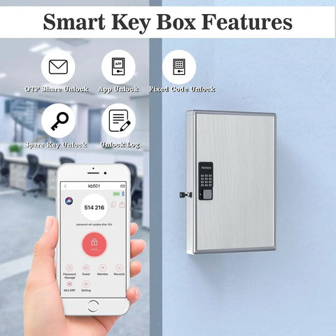 Wall-mounted smart lockbox with smartphone app, showing features of 72 Key Lockbox With Smart Lock And Combo Lock, Wall Mount Key Organizer Lockbox, OTP App And Fixed Code Unlock, No WiFi Needed Offline ERP Key Management For School Hotel Office.