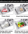 Four uses of 2Pack Stainless Steel Sink Grids For Double Kitchen Sink Bottom Protection With No Slip Rubber Feet 13x16 And 11x8.6 Inches Heavy Duty Metal Sink Rack Grate For Bottom Of Kitchen Sink With Strainer: thawing, cooling, drying, rinsing.