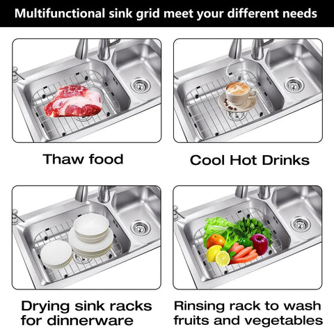 Four uses of 2Pack Stainless Steel Sink Grids For Double Kitchen Sink Bottom Protection With No Slip Rubber Feet 13x16 And 11x8.6 Inches Heavy Duty Metal Sink Rack Grate For Bottom Of Kitchen Sink With Strainer: thawing, cooling, drying, rinsing.