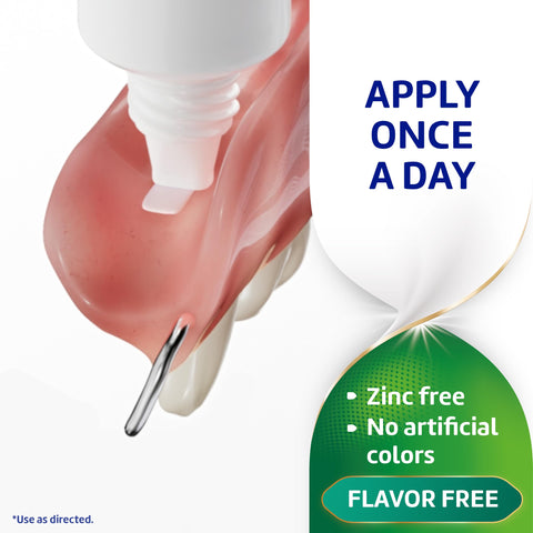 Strong All Day Hold Denture Adhesive Cream With Food Seal For Comfort Flavor Free And Zinc Free 2.4 Oz Tubes 4 Pack Clinically Proven HSA FSA Eligible Today being applied to dentures, showcasing use and features.