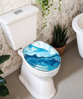 Round Toilet Seat Replacement, Slow-Close, Bathroom with blue wave design, toilet bowl in modern bathroom setting.