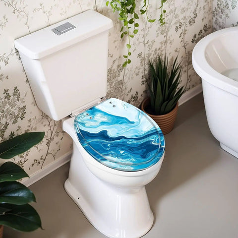 Round Toilet Seat Replacement, Slow-Close, Bathroom with blue wave design, toilet bowl in modern bathroom setting.