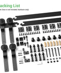 9 Ft Bi Fold Sliding Barn Door Hardware Kit With 108 Inch Rail For Four Doors Up To 26.5 Inches Wide Heavy Duty Steel Roller Hanger System With Quiet Nylon Wheels And 330 Lb Weight Capacity No Door Included components laid out