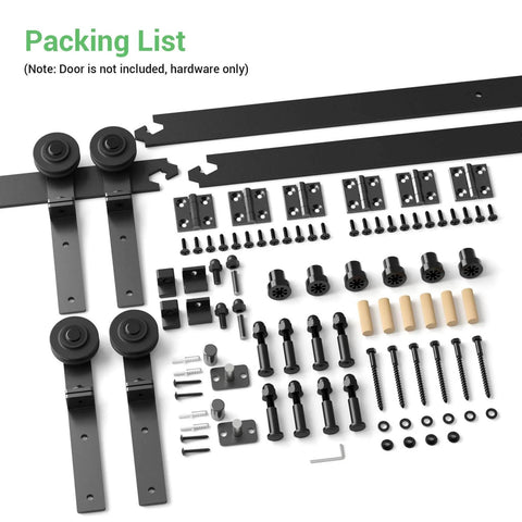 9 Ft Bi Fold Sliding Barn Door Hardware Kit With 108 Inch Rail For Four Doors Up To 26.5 Inches Wide Heavy Duty Steel Roller Hanger System With Quiet Nylon Wheels And 330 Lb Weight Capacity No Door Included components laid out