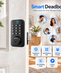 Lightning Fast Biometric Fingerprint Deadbolt with keypad installed on door, offering keyless entry for home security in rich black.