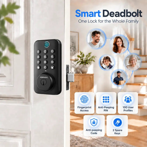 Lightning Fast Biometric Fingerprint Deadbolt with keypad installed on door, offering keyless entry for home security in rich black.