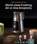 All In One Milk Frother For Home Baristas With 450ml Capacity, Auto Foam Maker, LED display shown with latte art