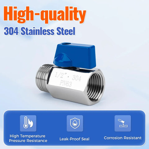 Two Pack Half Inch Mini Ball Valve 304 Stainless Steel Water Flow Control Built Tough Male To Female NPT Threads With Quarter Turn Shut Off Drain Valve Compact Durable Rust Resistant For Water Oil And Gas Lines