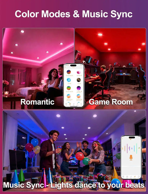 4 Inch RGB LED Recessed Lights Canless With Alexa Voice Control And BRmesh App in romantic, game room, and party modes