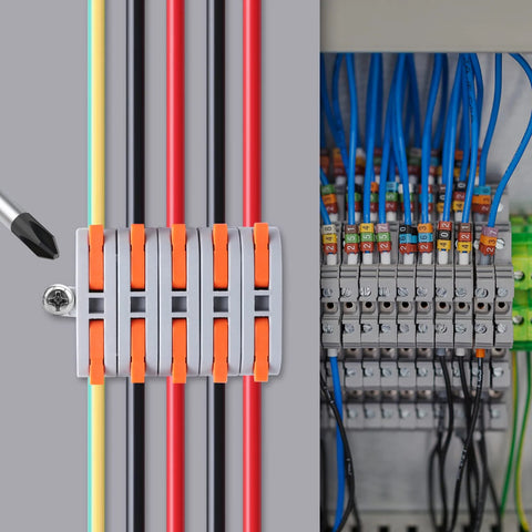 Front view of XHF 31-pc lever wire-nut connector set with orange levers and gray housings for 28-12 AWG wires