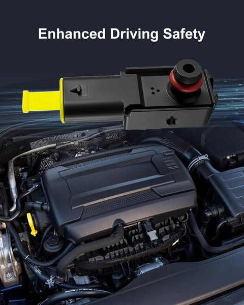 Brake booster pressure sensor with yellow plunger and black housing in engine bay