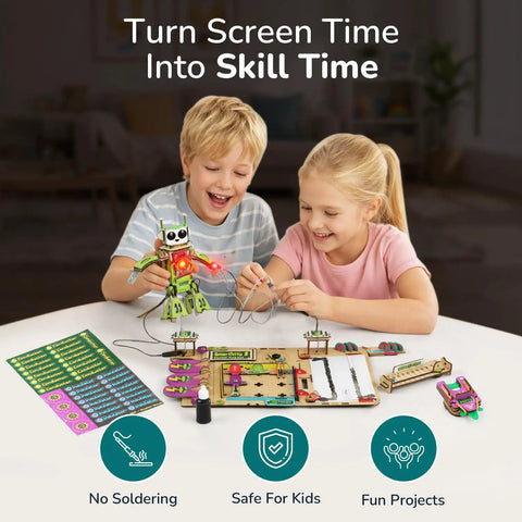 Electricity Science Kit For Kids 8 To 14 Lets Them Build Volt E The DIY Electric Robot With Lights And Real Sounds Learn Circuits and electronics, kids building robot kit on table