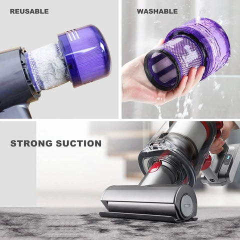 Image showing features of 2 Pack Vacuum Filter Replacement For V10 Cyclone Series Including V10 Animal V10 Absolute V10 Total Clean SV12 No Suction Loss Premium Quality No Hassle Fit Direct Replacement For 969082-01. Reusable and washable filter showcased alongside vacuum in use maintaining strong suction.