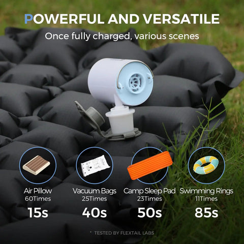 Ultra Mini Portable Air Pump for Inflatables on air mattress, showcasing inflate and deflate versatility for camping gear