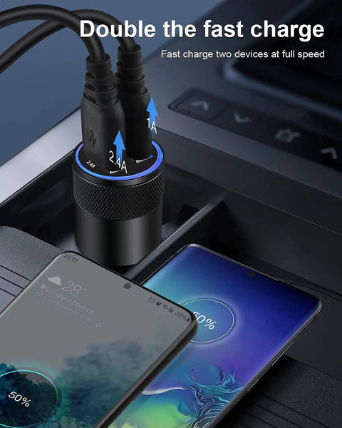 Dual USB Car Charger With Fast Charge 3.4A plugged into car with two devices charging, dashboard visible