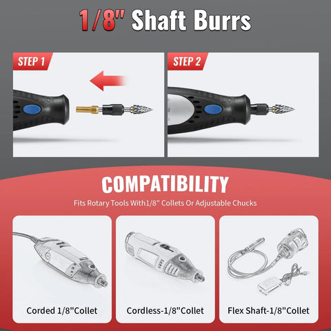20pc tungsten carbide burr set with 1/8 in shank for die grinders; Dremel compatible, includes 2 collets