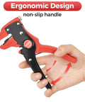 Hand holding two in one wire stripper and cutter for 10-24 AWG cables adjustable with auto return spring DIY friendly red handle