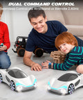 Front view of two white SIMREX gesture-sensing RC cars with blue LED lights and remotes on a living room floor