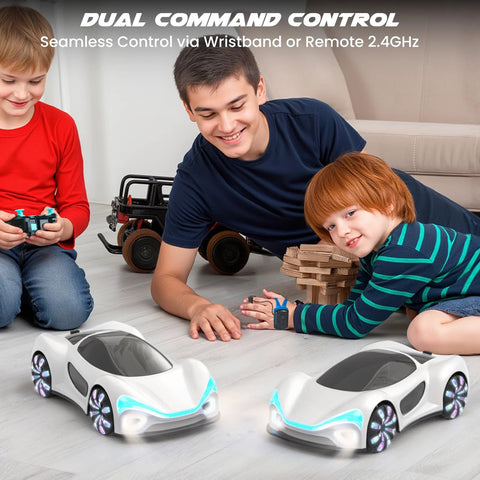 Front view of two white SIMREX gesture-sensing RC cars with blue LED lights and remotes on a living room floor